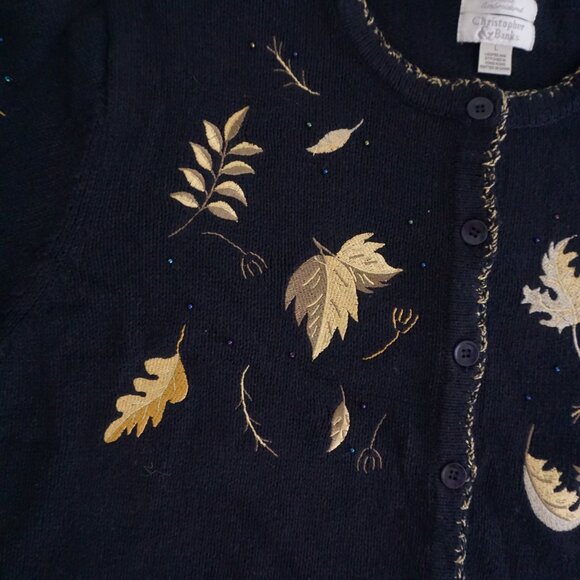 Vintage Christopher & Banks Embroidered Leaf Cotton Cardigan Fall Cottagecore L - Picture 6 of 13